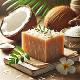 Images of coconut soap bar displayed with coconut, leaf and a flower